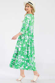 LD-C {First To Arrive} Green White Floral Tiered Maxi Dress PLUS SIZE XL 2X 3X