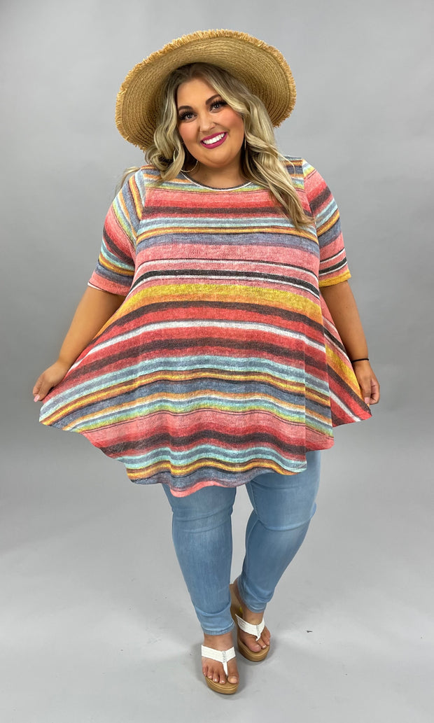 87 PSS-N {Noticed By All} Coral/Multi-Color Striped Top  PLUS SIZE 1X 2X 3X 4X 5X  SALE!!!