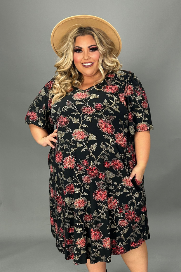 86 PSS-C {Soulful Looks} Black w/ Red Floral Print Dress EXTENDED PLUS SIZES 3X 4X 5X