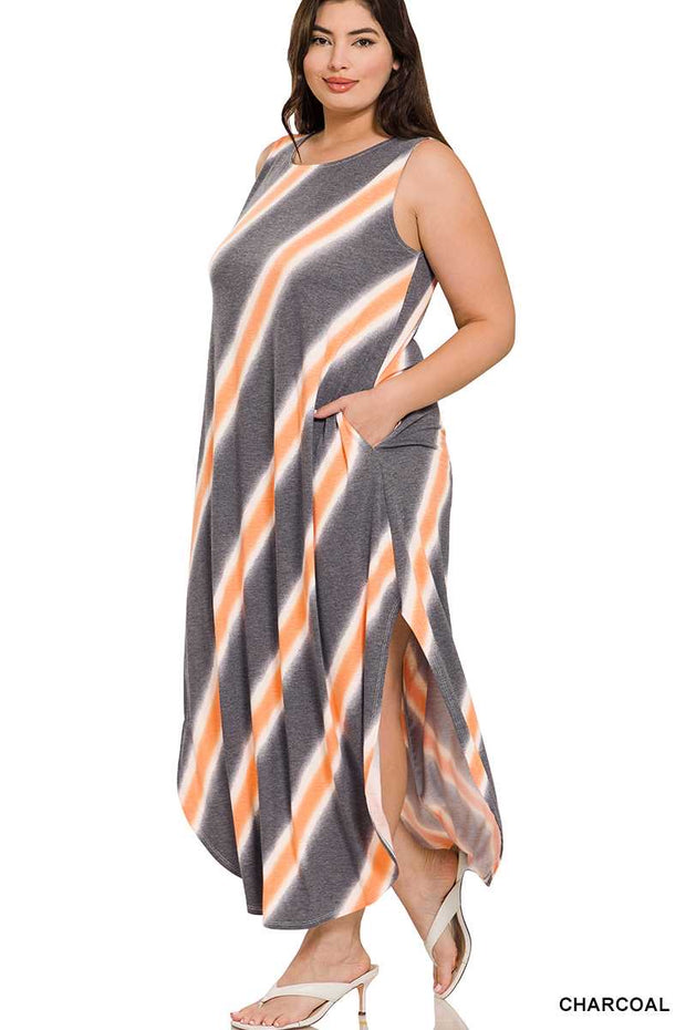 LD-O {Big Adventure} Charcoal Stripe Print Maxi Dress PLUS SIZE 1X 2X 3X