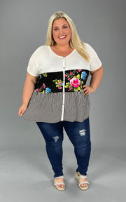 36 CP-U {So Hopeful} Black Floral Stripe Print Top PLUS SIZE 1X 2X 3X