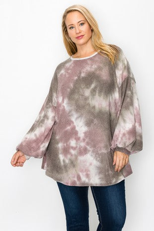18 PLS {Where I Am} Olive Tie Dye Bubble Sleeve Top EXTENDED PLUS SIZE 3X 4X 5X