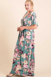 LD-R {In This Together} Jade Floral V-Neck Belted Maxi Dress PLUS SIZE XL 2X 3X