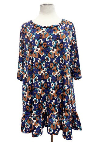 23 PSS {Betting On You} Navy/Brown Print Ruffle Hem Top EXTENDED PLUS SIZE 4X 5X 6X