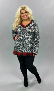 CP-B {Make Your Way}  Grey Leopard Red Plaid Contrast Top PLUS SIZE XL 2X 3X