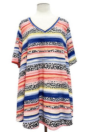 21 PSS {Tell Me How} Blue/Coral Leopard Stripe Print Top EXTENDED PLUS SIZE 4X 5X 6X
