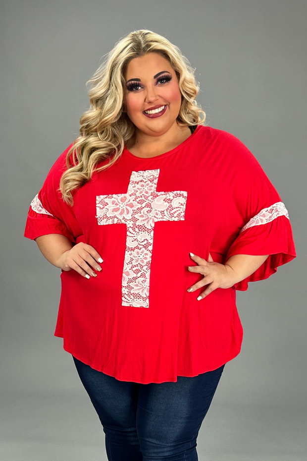 40 SD-V {Mighty Cross} SALE!! Red/Ivory Lace Cross & Sleeve Detail Top CURVY BRAND!!!  XL 2X 3X 4X 5X 6X