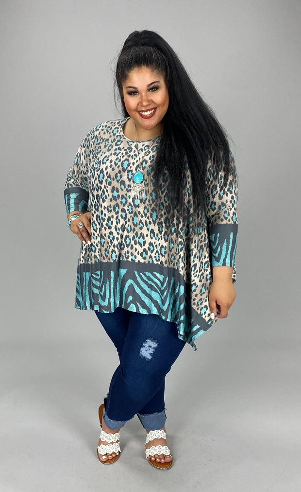 89 PQ-E {Design Dreams} Gray/Mint Animal Print Top PLUS SIZE 1X/2X  2X/3X