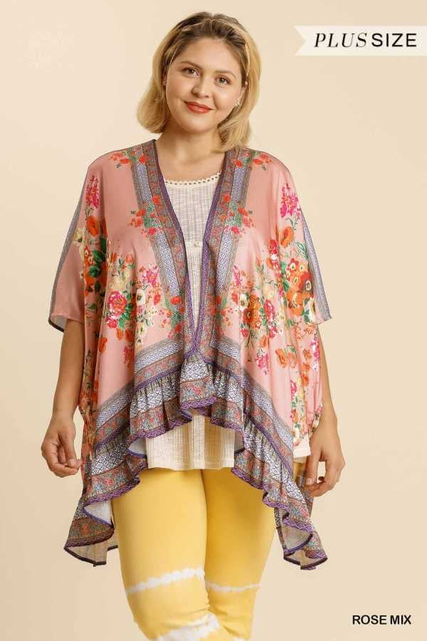 15 OT-J {Floral Market} Umgee Rose Mix Floral Kimono PLUS SIZE XL/1X  1X/2X