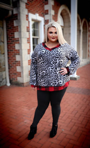 CP-B {Make Your Way}  Grey Leopard Red Plaid Contrast Top PLUS SIZE XL 2X 3X