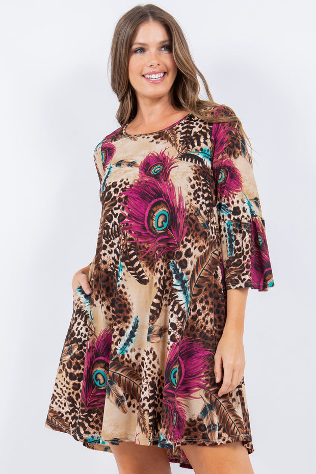 24 PQ {Currently In Love} Taupe Brown Feather Print Dress PLUS SIZE 1X 2X 3X