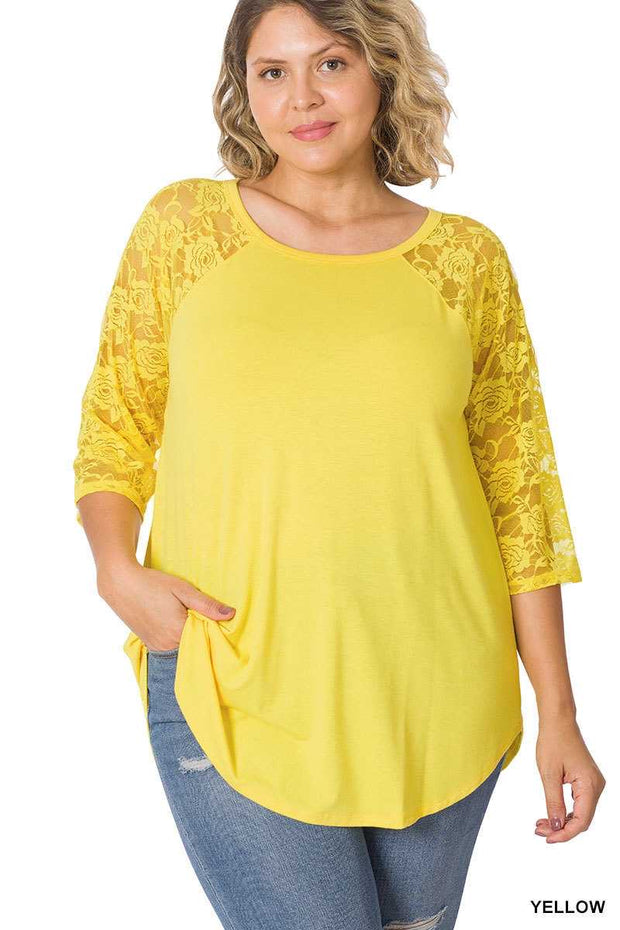 63 CP-B {Take Me To The Top} Yellow Lace Sleeve Top PLUS SIZE 1X 2X 3X