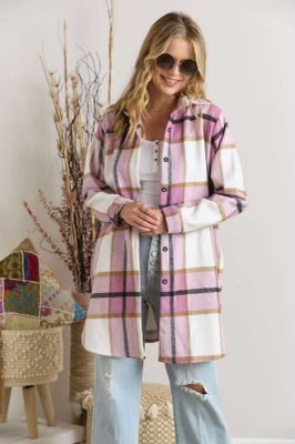19 OT-A {Time Is Precious} Pink  Plaid Button Up Shacket