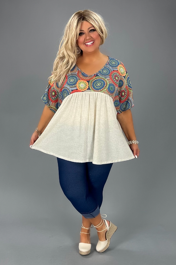 22 CP-Z {Sweet As They Come} Beige Print Babydoll Ribbed Top PLUS SIZE XL 2X 3X
