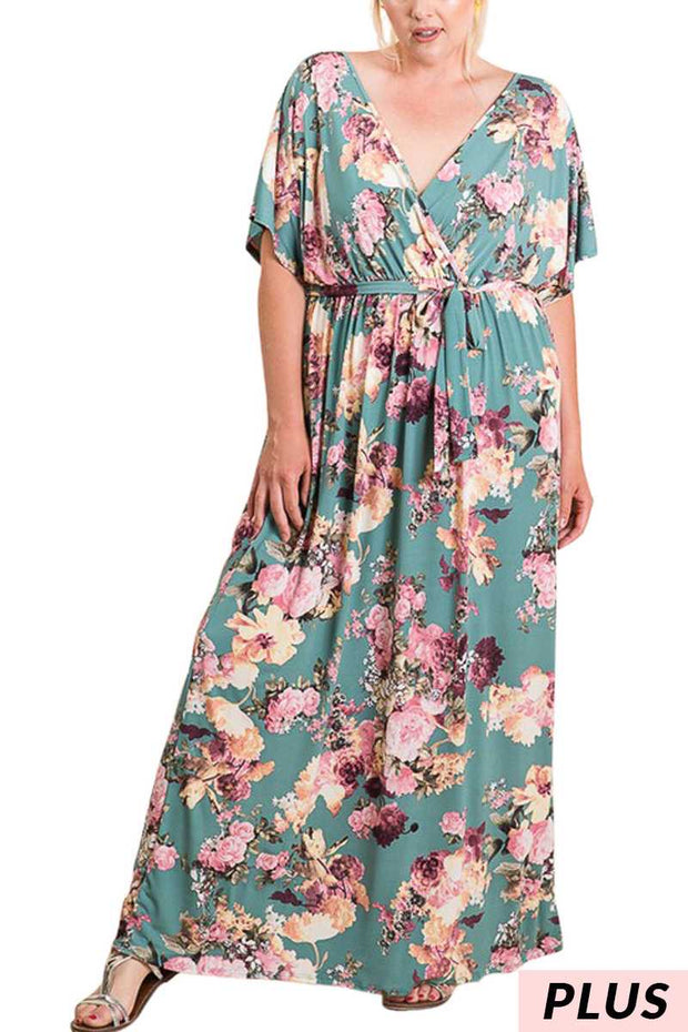 LD-R {In This Together} Jade Floral V-Neck Belted Maxi Dress PLUS SIZE XL 2X 3X