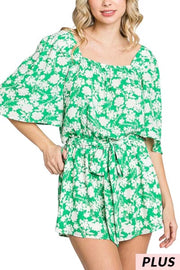 33 RP-R {Awaken Your Fantasy} Green Floral Lined Romper PLUS SIZE 1X 2X 3X