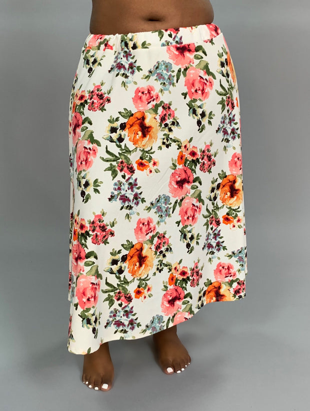BT-B {Positive Look} Stretchy Ivory Floral Print Skirt PLUS SIZE