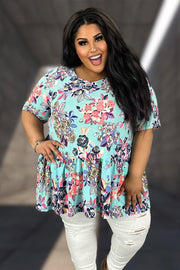 30 PSS {Create Your Vibe} Blue Floral Ruffle Hem Top PLUS SIZE XL 2X 3X