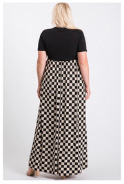 LD-C {Checker Board} Black/Cream Checkered Print Maxi Dress PLUS SIZE 1X 2X 3X