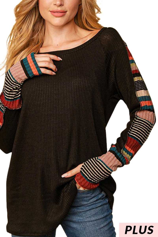 71 CP-J {No Rules} Black Ribbed SALE!!  Top  w/Striped Contrast PLUS SIZE XL 2X 3X