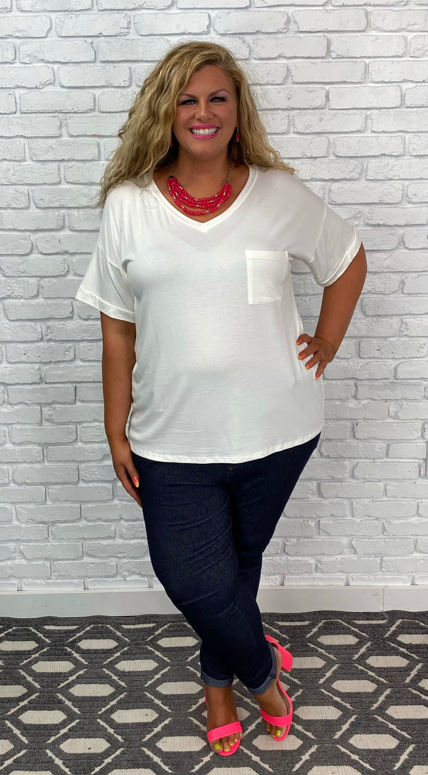 63 SSS-X {Easy Going} WHITE V-Neck Top Cuffed Sleeves PLUS SIZE XL 2X 3X
