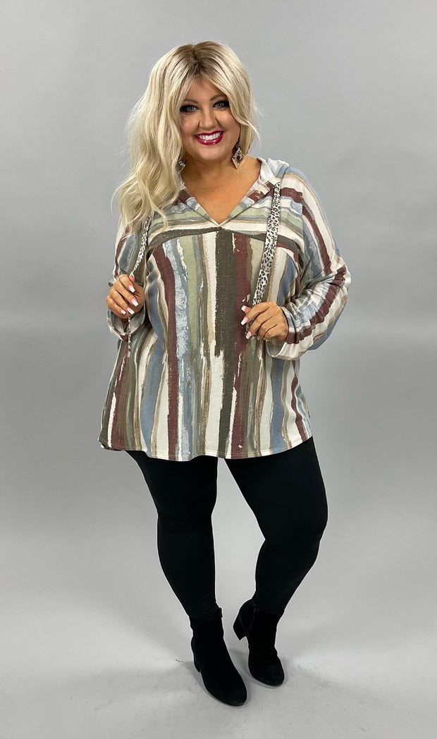 89 HD-I {On My Terms} Taupe/Brown Striped Hoodie PLUS SIZE 1X 2X 3X