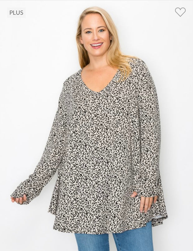19 PLS-J {Word To The Wise} Taupe Animal Print V-Neck Top EXTENDED PLUS SIZE 3X 4X 5X