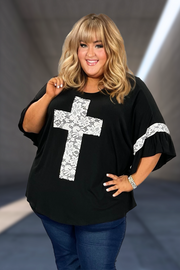 42 SD-Q {Mighty Cross} Black/Ivory Lace Cross & Sleeve Detail Top CURVY BRAND!!!  EXTENDED PLUS SIZE XL 2X 3X 4X 5X 6X (May Size Down 1 Size)
