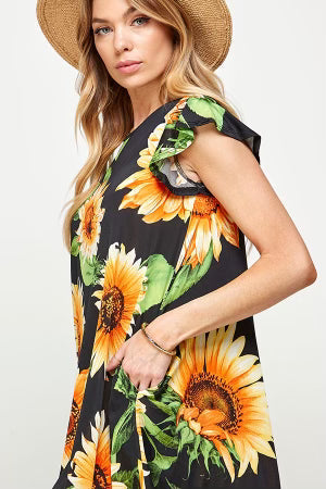 30 PSS-A {Sunflower Fun Flower} Black Printed Dress PLUS SIZE 1X 2X 3X