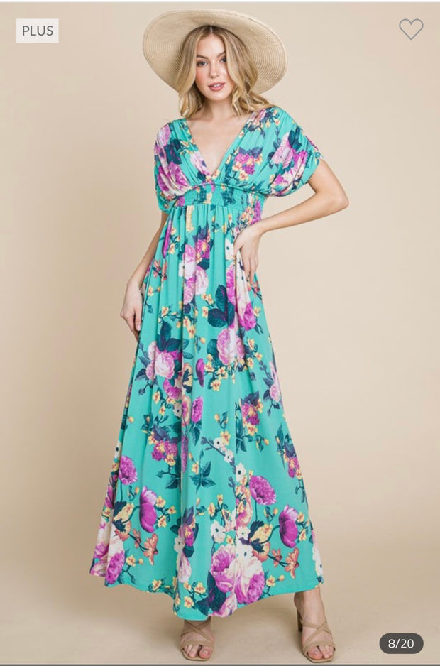 LD-F {Mellow Moment} Emerald Floral Smocked Maxi Dress PLUS SIZE 1X 2X 3X