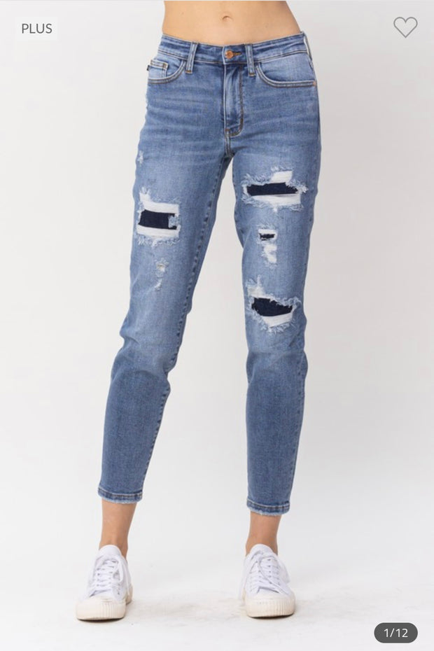BT-99  {Judy Blue} Medium Patched Destroyed Jeans EXTENDED PLUS SIZE 16W 18W 20W 22W 24W
