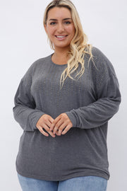 26 SD {Better Than Basic} Charcoal Long Sleeve Top w/Studs PLUS SIZE XL 2X 3X