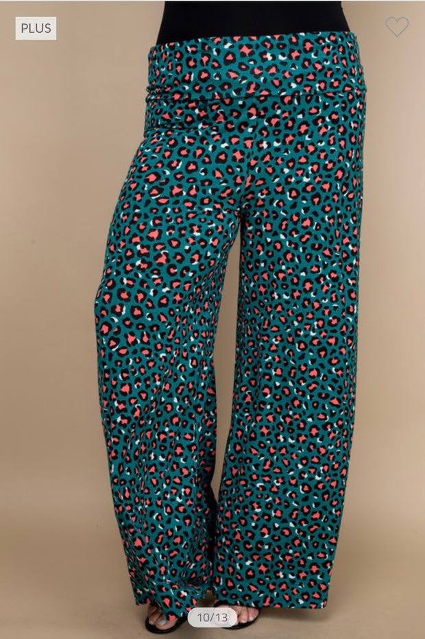 BT-99 {Really Ready} Teal/Coral Leopard Print Palazzo Pant