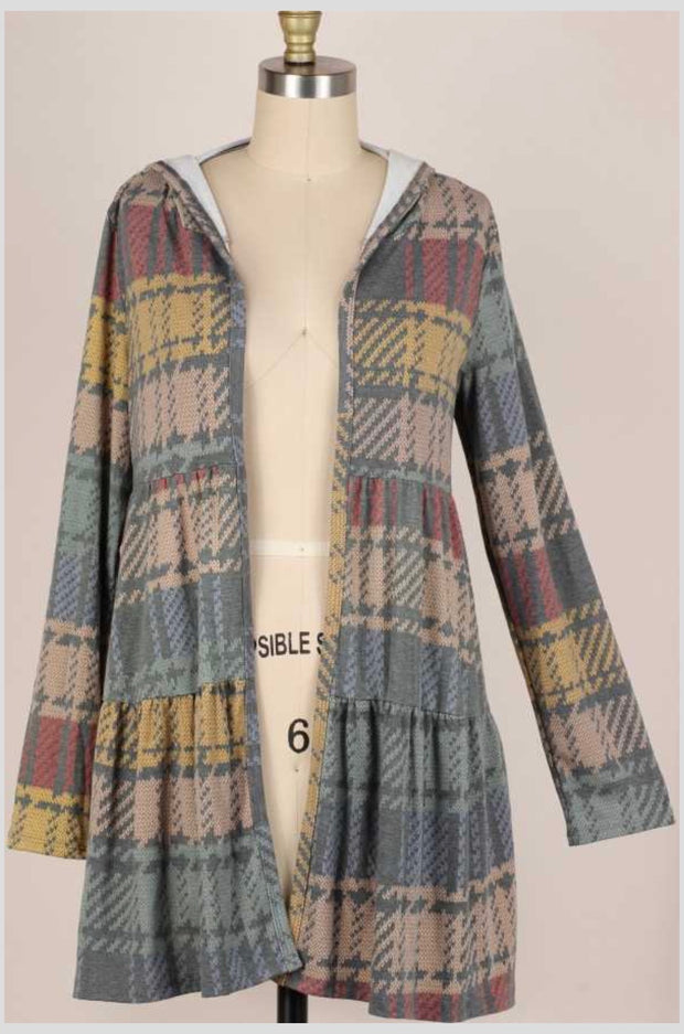 19 OR 35 OT-C {Piece Of Pie} Teal/Gray Tiered Cardigan W/Hood PLUS SIZE 1X 2X 3X