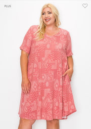 34 PSS- G {Easy To See} Dusty Red Paisley V-Neck Dress EXTENDED PLUS SIZE 3X 4X 5X