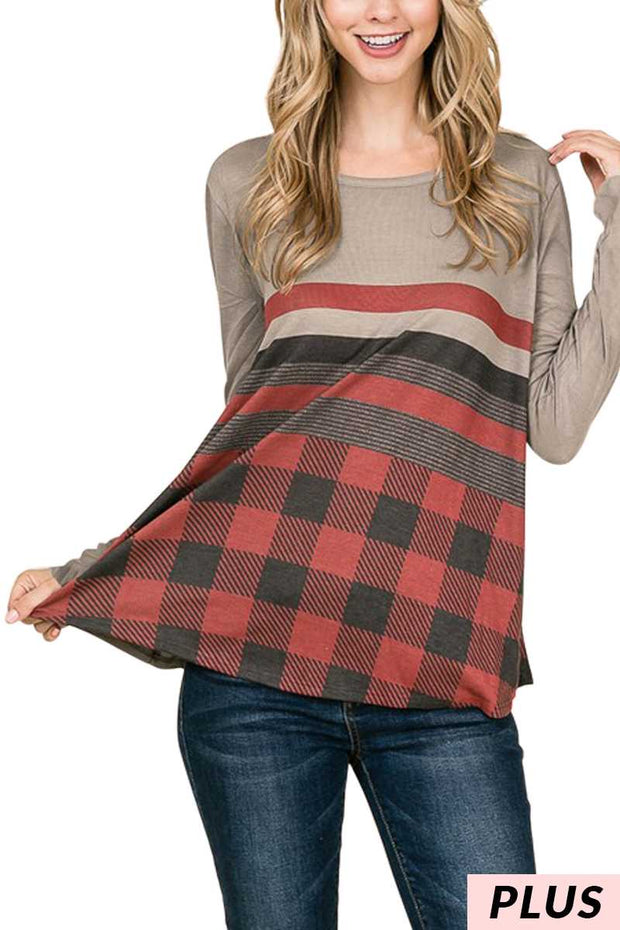 19 CP-T {Heading Out}  Grey With Red Black Plaid Top PLUS SIZE XL 2X 3X