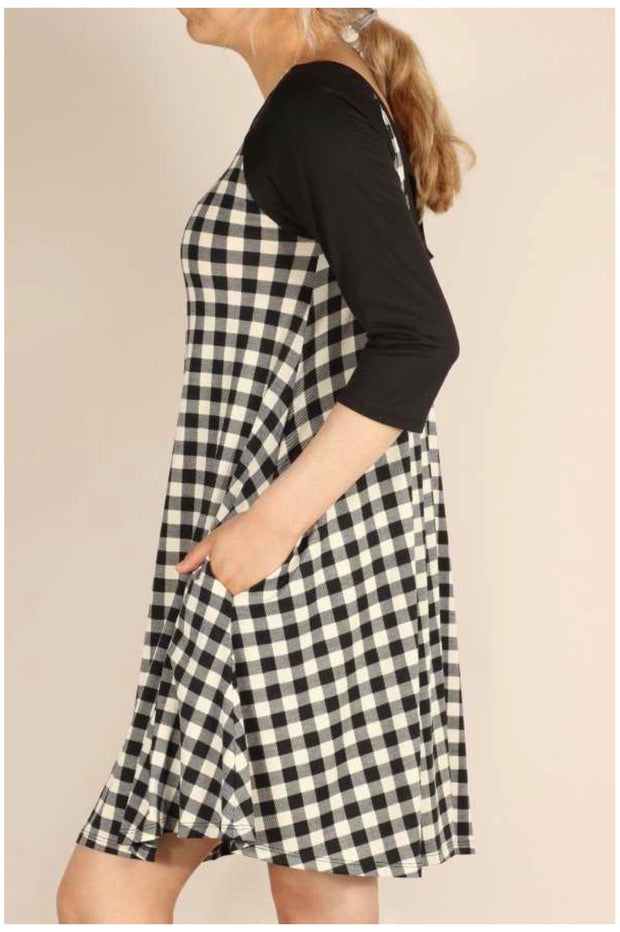 CP-K {Plaid Paradise} ***FLASH SALE***Black & White Plaid Dress Black Sleeves  PLUS SIZE 1X 2X 3X