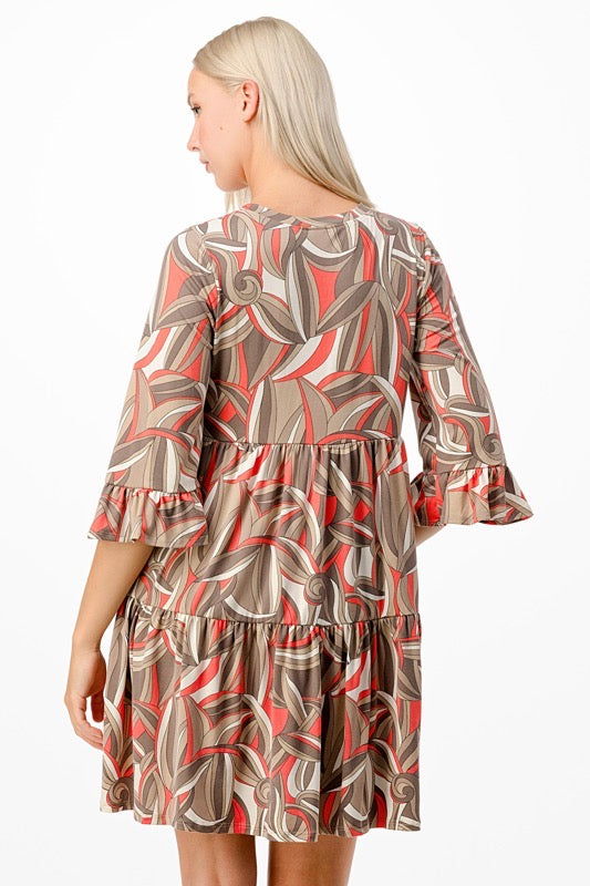 20 PQ-A {Business First} Taupe/Coral Print Tiered Dress PLUS SIZE 1X 2X 3X