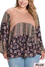 28 CP  {Mixed Signals} Mocha/Navy Floral Dalmation Print Top  PLUS SIZE 1X 2X 3X