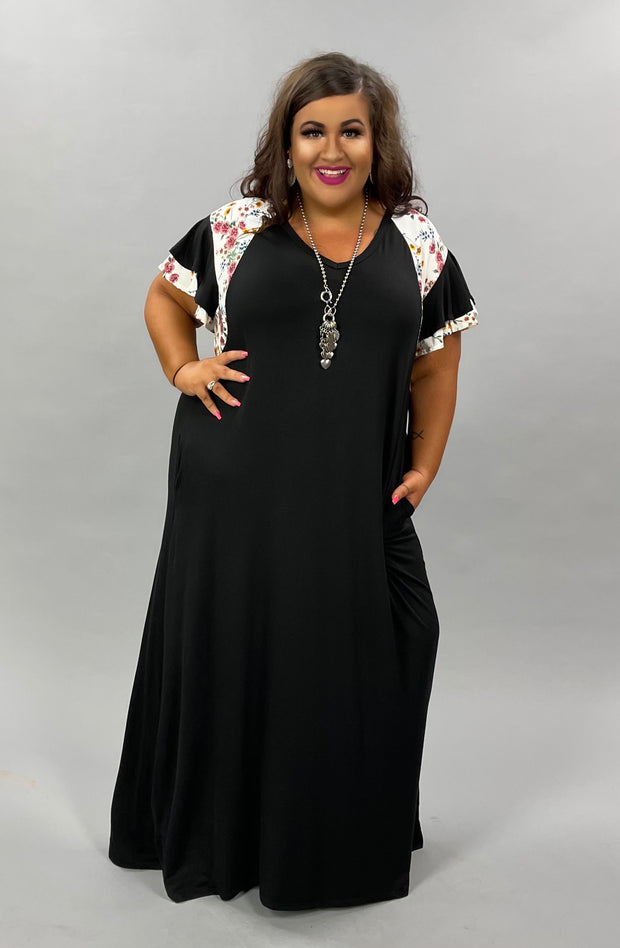 LD-B {Everyday Stunner} Black Long Dress Floral Sleeves PLUS SIZE 1X 2X 3X