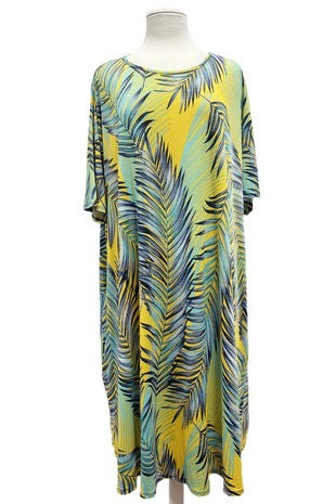 44 PSS-N {Let The Sun Shine} Mustard/Navy Leaf Print Dress EXTENDED PLUS SIZE 4X 5X 6X