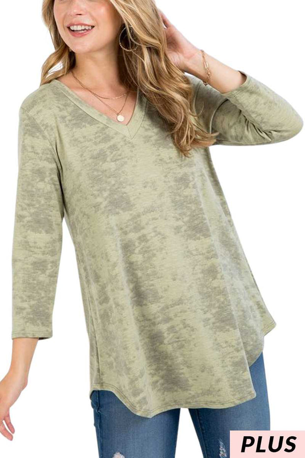 19 PQ {Smooth Sailing} Olive Green Tie Dye V-Neck Top  PLUS SIZE 1X 2X 3X
