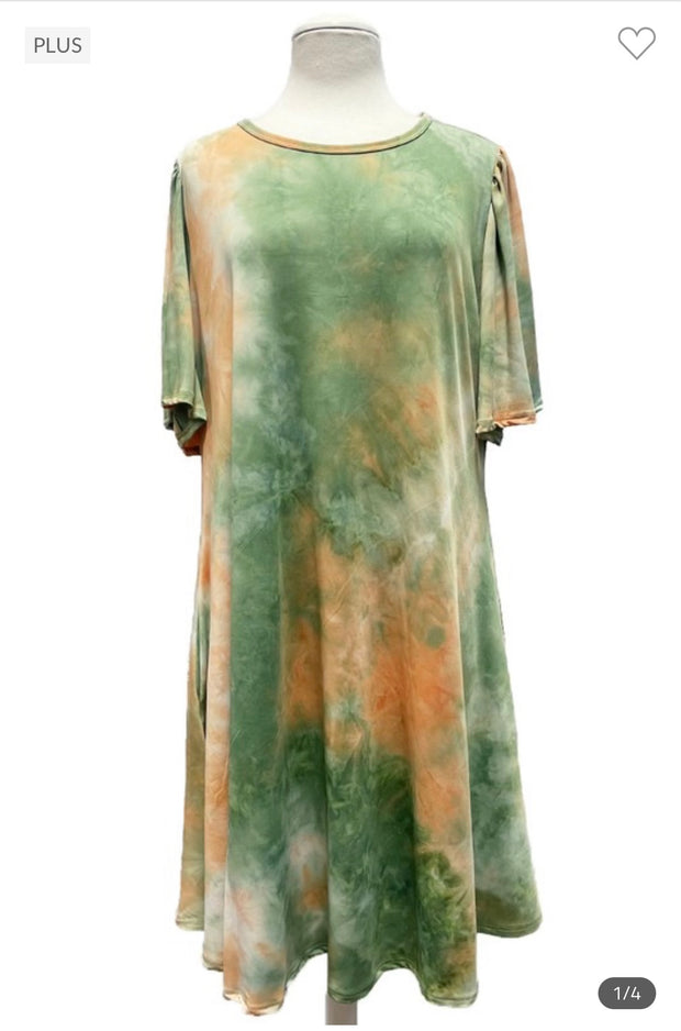 81 PSS-B {Color My Town} Green Tie Dye Dress W/Pockets  PLUS SIZE 1X 2X 3X