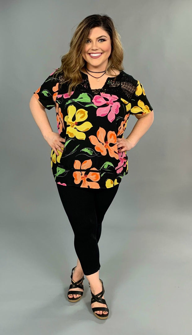 PSS-S {Tropical Tide} Black Floral Top with Crochet Detail