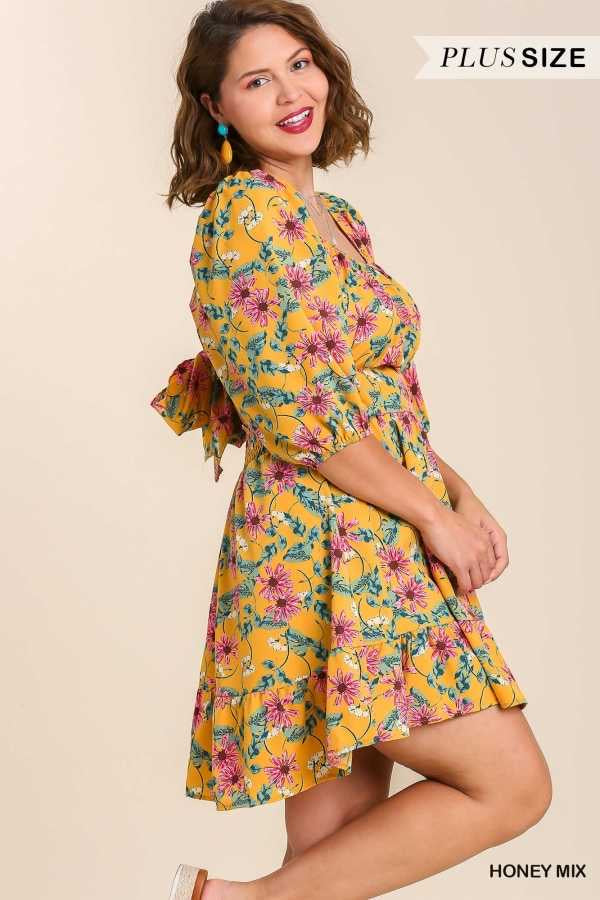 45 PSS-A {Lovely Blossoms} UMGEE Mustard Floral Dress PLUS SIZE XL 1X 2X