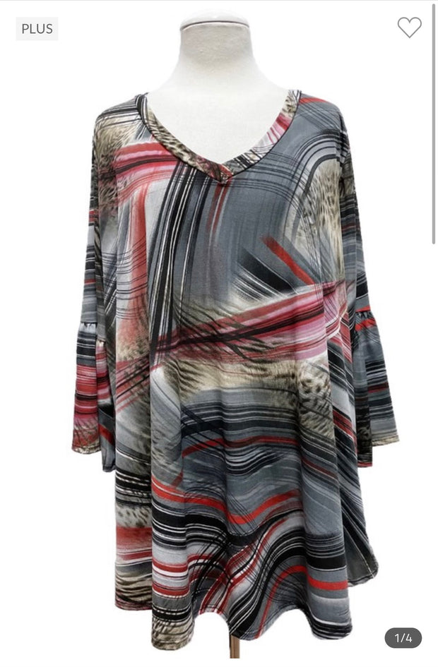 85 PQ-R {Good Times Ahead}  SALE!! Pewter Print V-Neck Top EXTENDED PLUS SIZE 1X 2X 3X 4X 5X