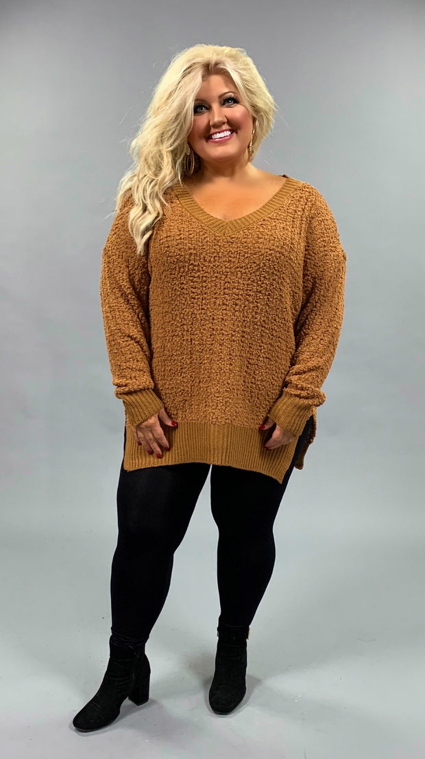 SLS-D {My Best Life} Coffee Cable Popcorn V-Neck Sweater