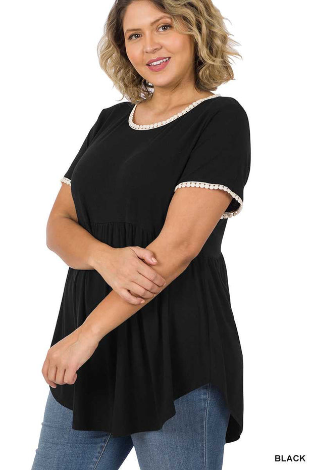 44 CP-G {Fashion On Call} Black Babydoll Top w/Ivory Trim PLUS SIZE 1X 2X 3X