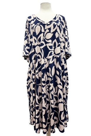 82 PSS-A {Going To The Top} Navy Print V-Neck Dress EXTENDED PLUS SIZE 3X 4X 5X