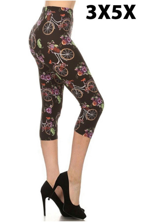 BT-99 {Go Biking} Bicycle Printed Butter Soft Capri Leggings EXTENDED PLUS SIZE 3X/5X